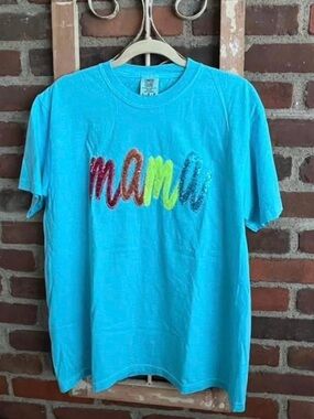 Sequined Turquoise Mama Tee  - Size 2XL 💚🩵🩷🧡